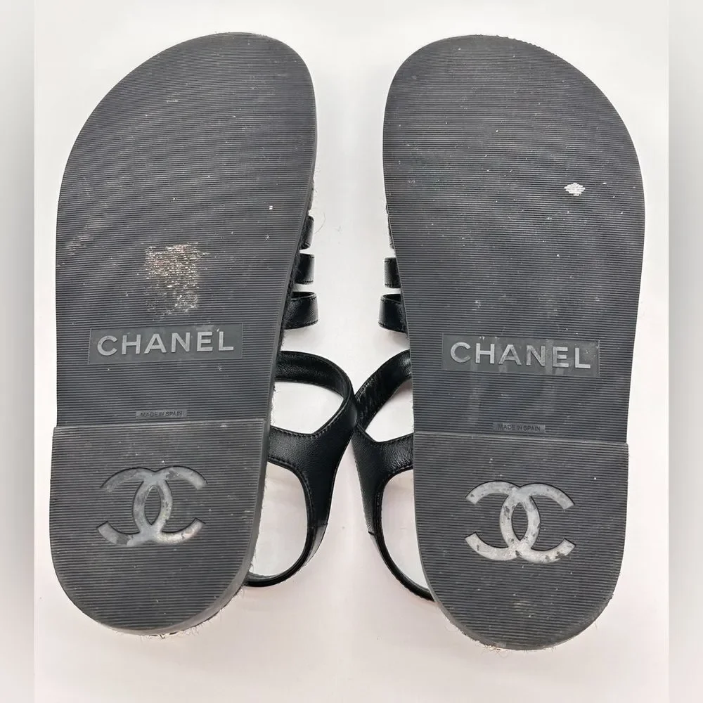CHANEL 2024 CC Logo Black Leather Fisherman Rope Sole Dad Sandals Flats EU 37